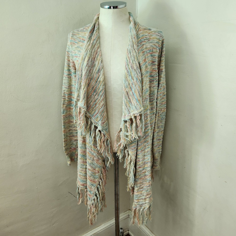 Wrangler Retro Womens Multicolor Space Dye Fringe Open Front Cardigan‎ Medium